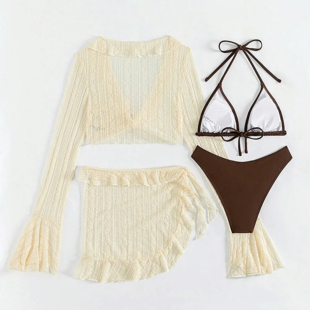 4-Piece Women's Long Sleeve Bikini Set | Brazilian Beachwear Women's Bikini Set Nixie Beige coffee M
