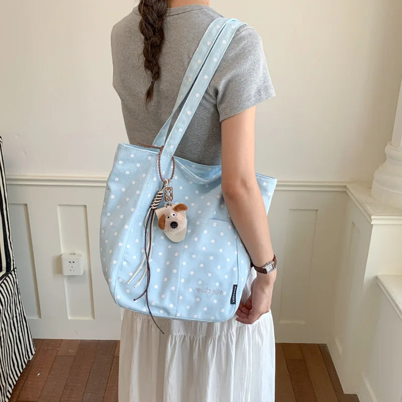 Polka Dot Canvas Tote Bag – Large Capacity Women's Shoulder Bag