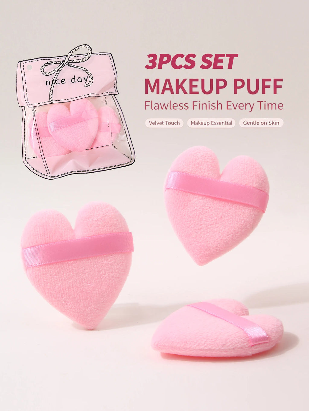 Heart Shaped Plush Makeup Puff with Strap – Set of 3 | Nixie Makeup Powder Puff Nixie