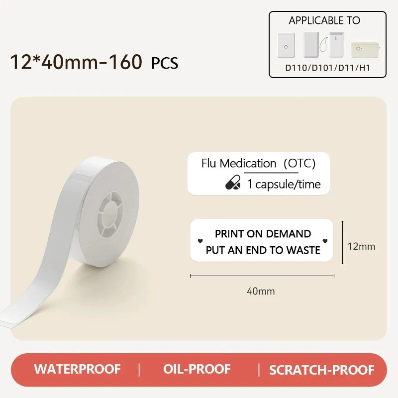 Niimbot Thermal Label Sticker Rolls for D110 D11 D101 Printer Thermal Label Rolls Nixie 1 Roll White 12x40mm