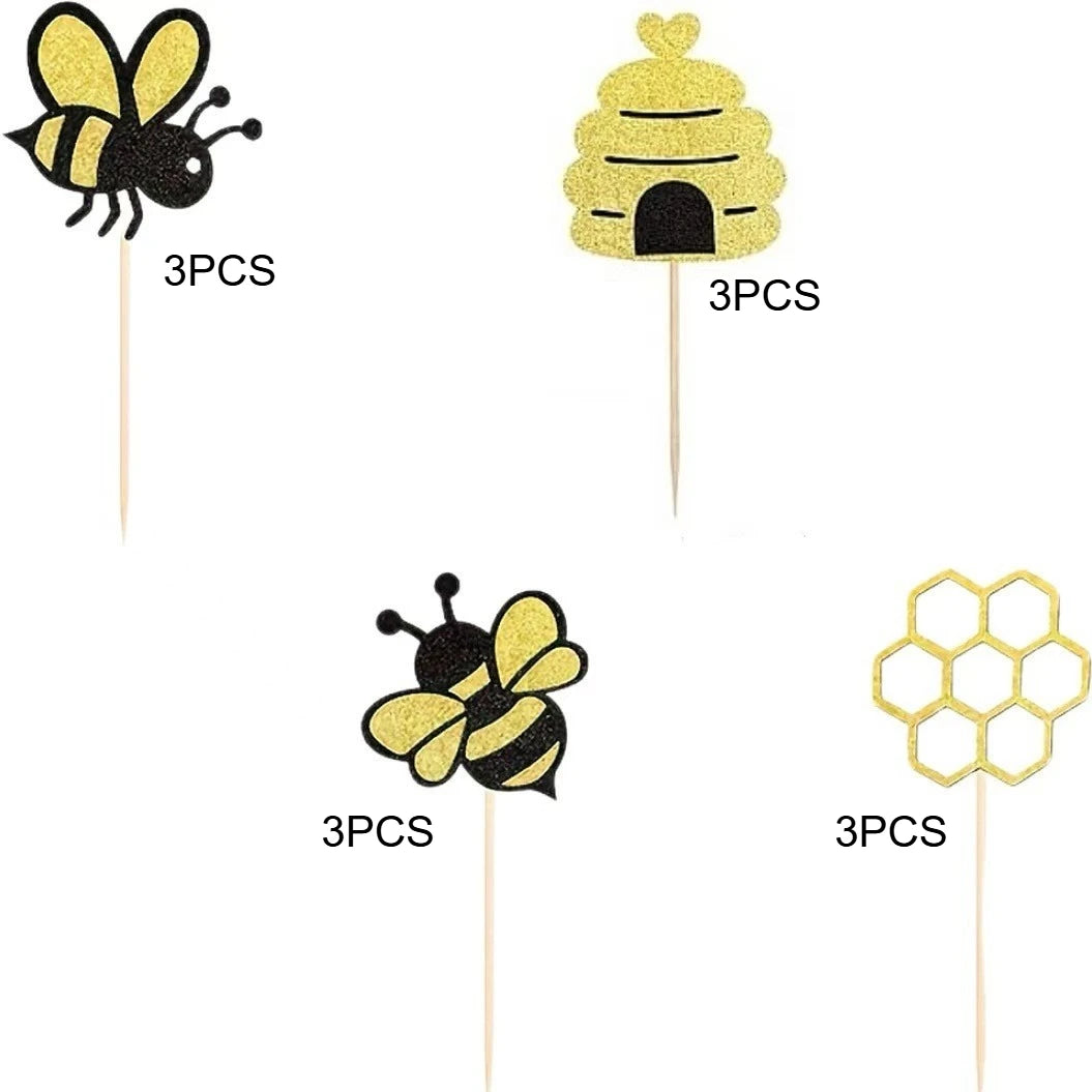 Bee Cartoon Birthday Cake Toppers Paper-Cut Decorations 4/12pcs Cake Toppers Nixie 12PCS