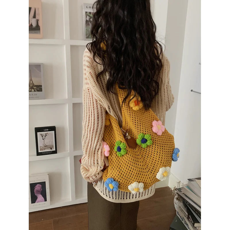 Floral Knit Tote Bag – Large Capacity Beach Shoulder Bag Knit Tote Bag Nixie