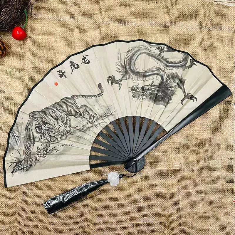 Retro Dragon Folding Fan – 8" Silk & Bamboo Double-Sided Decorative Folding Fan Nixie B