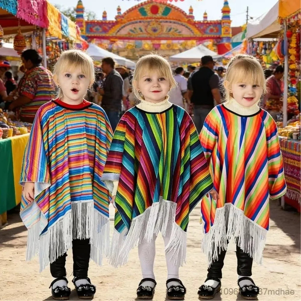 Kids Mexican Poncho Striped Ethnic Costume Cape w/ Tassels Kids Costume Cape Nixie