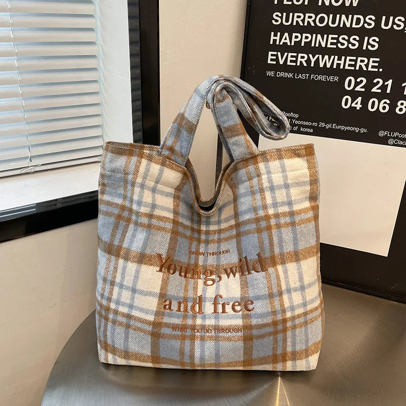 Retro Plaid Color-Block Tote Bag with Letter Embroidery Shoulder Tote Bag Nixie