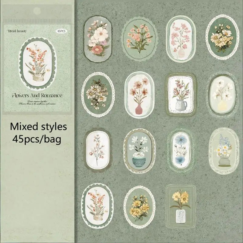 45pcs Floral Sticker Pack – DIY Journal Collage Stationery Set