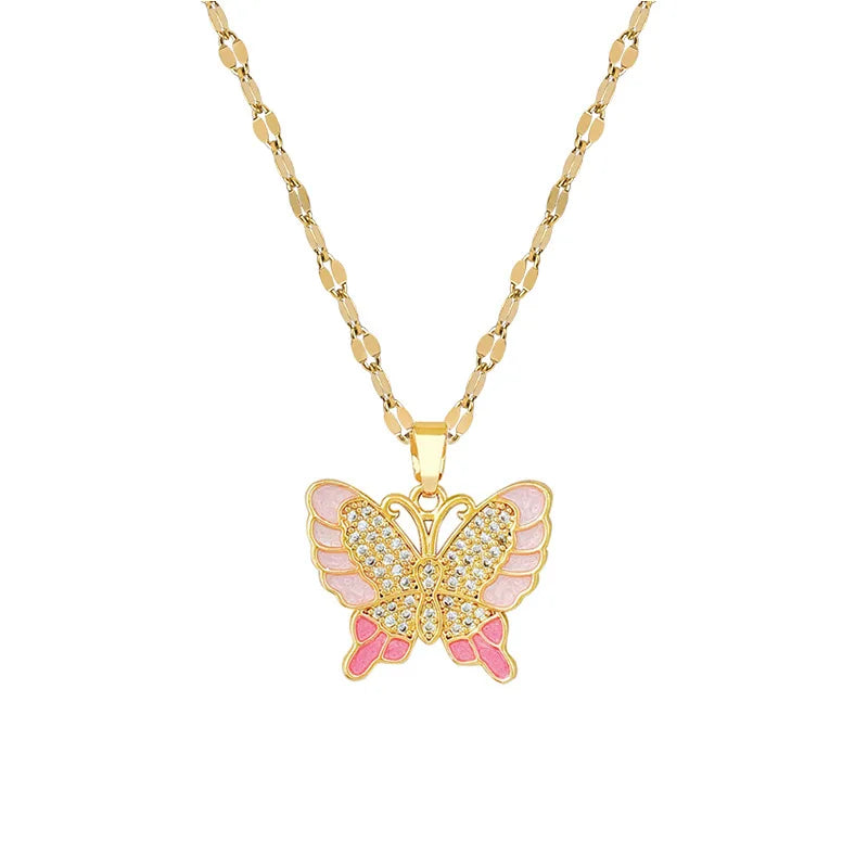 Zircon Butterfly Pendant Necklace | Gold Stainless Steel Pendant Necklace Nixie
