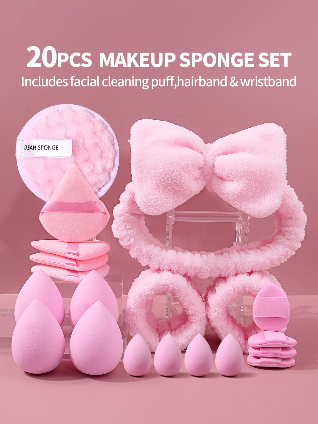 20-Piece Makeup Sponge Set – Blenders, Puffs & Headband Makeup Sponge Set Nixie