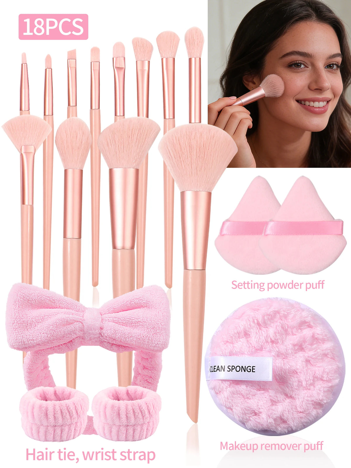 18-Piece Pink Makeup Brush & Beauty Tool Set with Puffs Makeup Brush Set Nixie