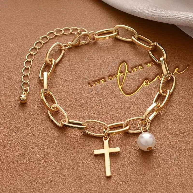 Gold Cross Chain Bracelet with Pearl Pendant – Unisex