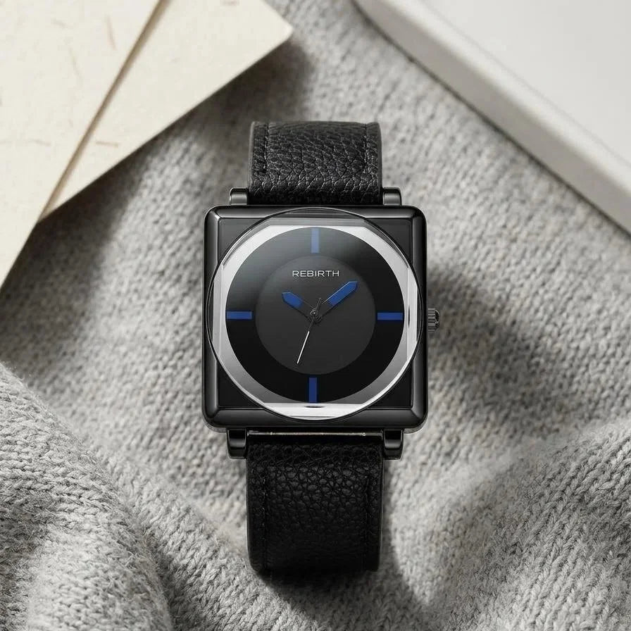 REBIRTH Women's Retro Square Quartz Watch – Leather Strap Women's Quartz Watch Nixie