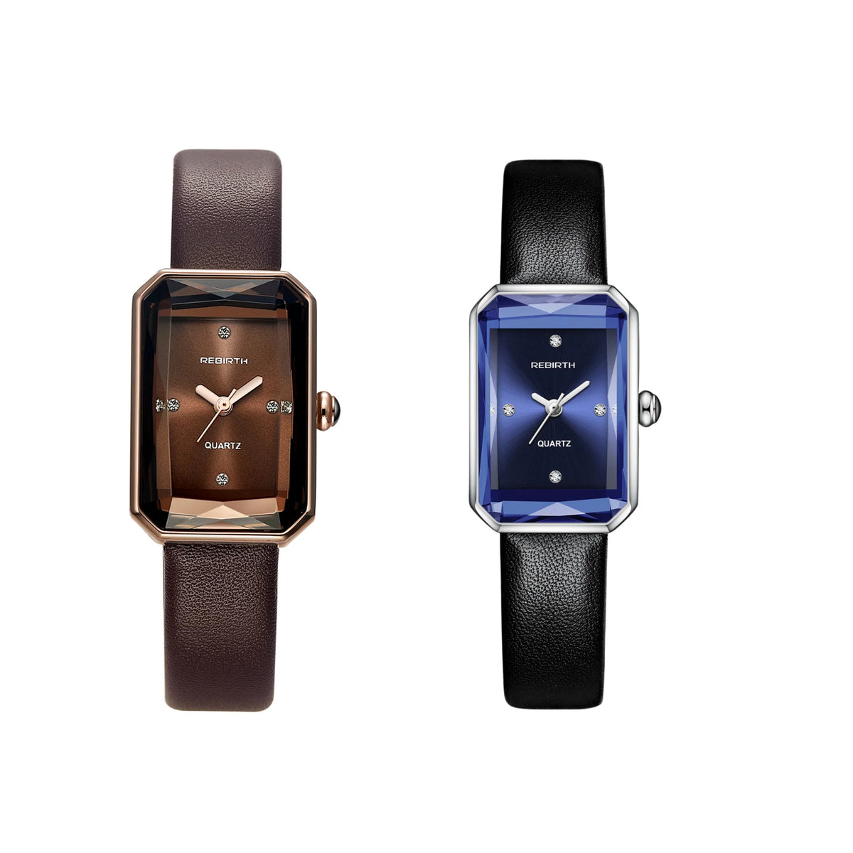 REBIRTH Retro Elegant Leather Quartz Watch | Rectangle Dial Quartz Wristwatch Nixie Coffee and Blue