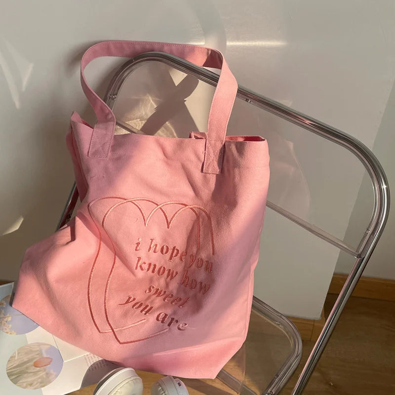 Korean Heart Embroidery Canvas Tote Bag – Large Capacity Canvas Tote Bag Nixie
