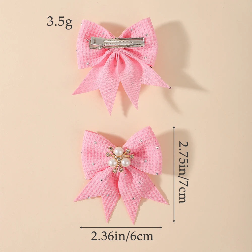 Waffle Fabric Pearl Rhinestone Bow Hair Clips 4 Pairs Girls Bow Hair Clips Nixie