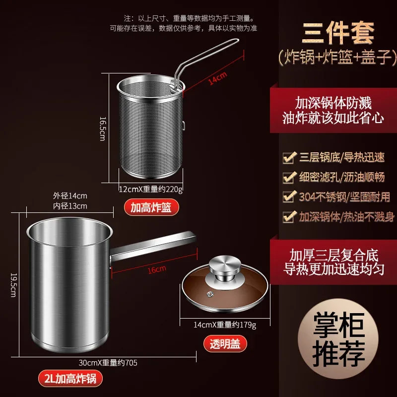 304 Stainless Steel Deep Fryer with Oil Filter – 1-2L Deep Fry Pan Nixie 1 set