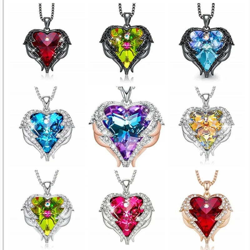 Angel Wing Heart Sapphire Glass Pendant Necklace for Women Pendant Necklace Nixie