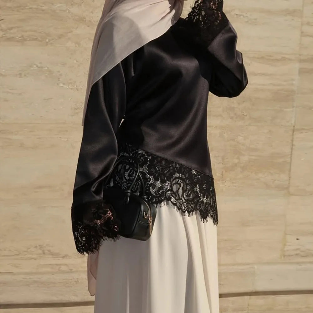 Lace Patchwork Satin Top | Flare Sleeve Elegant Pullover Lace Patchwork Blouse Nixie Black L