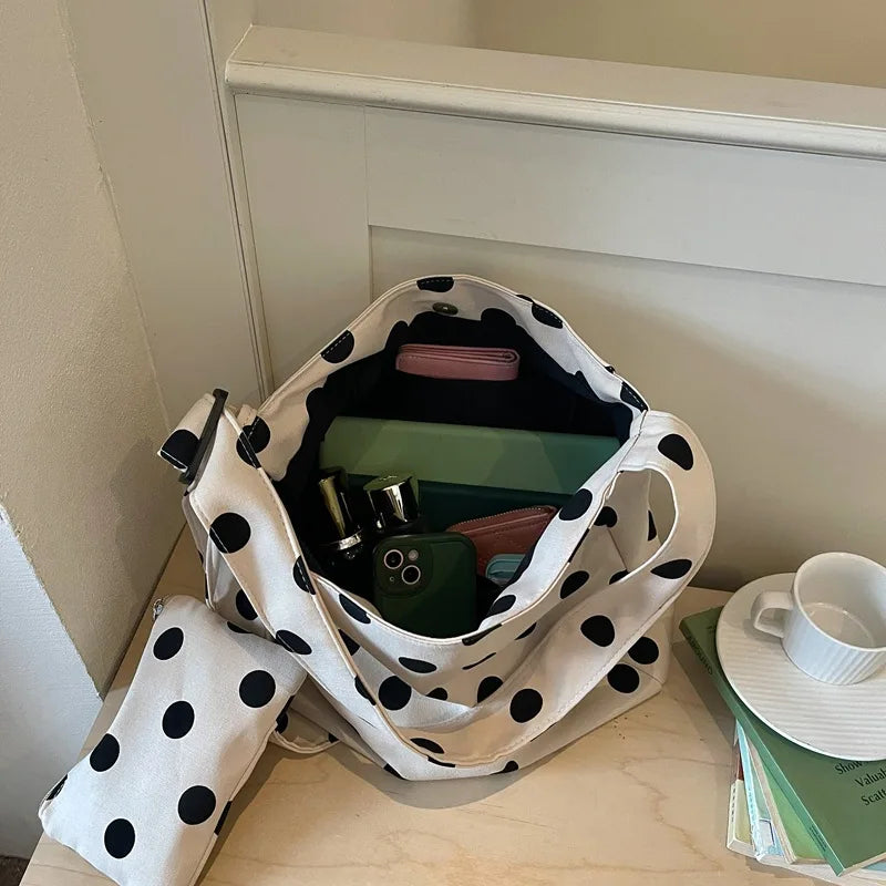 Women's Large Capacity Polka Dot Canvas Tote Shoulder Bag Canvas Tote Bag Nixie