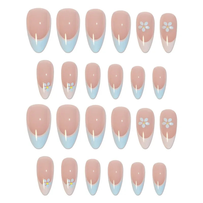 Handmade Nude Blue Floral Press-On Nails L – 24 Pcs Set Press-On Nails Nixie
