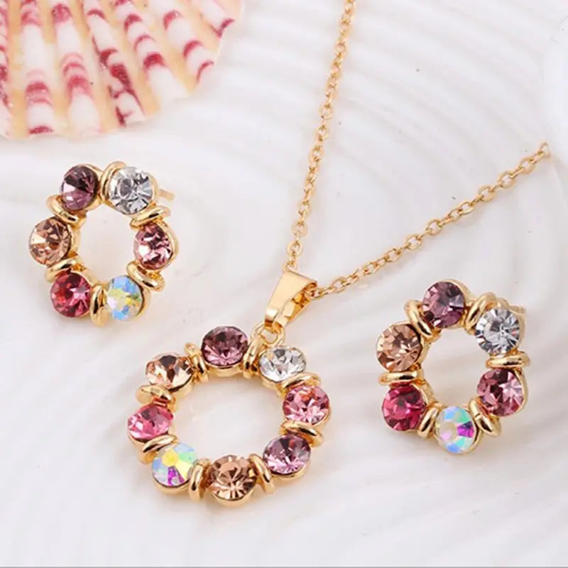 3pc Gold Necklace & Earrings Set – Circle Glass Diamond Jewelry Jewelry Set Nixie 45cm