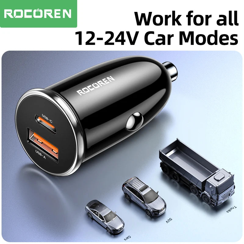 Rocoren 36W USB-C PD & QC 3.0 Dual-Port Car Charger Car Charger Adapter Nixie
