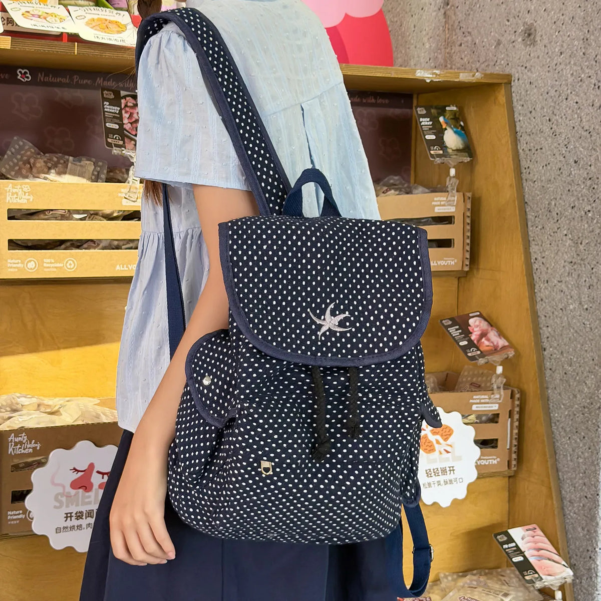 Korean Starfish Embroidered Polka Dot Canvas Backpack Canvas Backpack Nixie blue