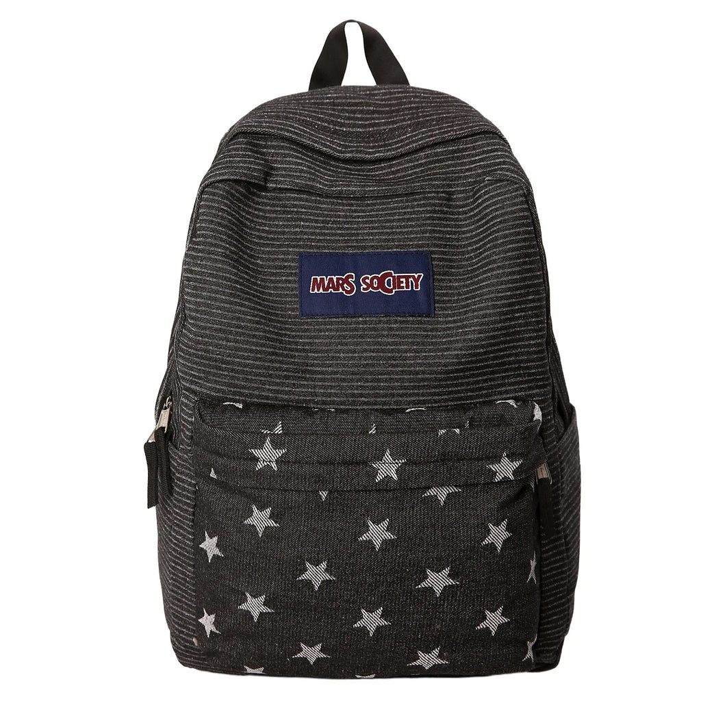 Korean Denim Backpack Color-Block Stripes & Stars – Women Denim Backpack Nixie Black (No Charm)