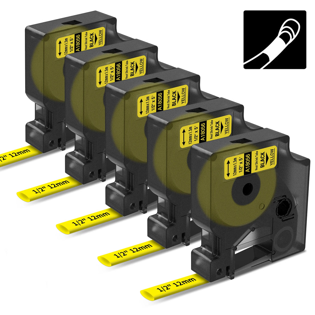 5-Pack 12mm Heat Shrink Tube Tape for Dymo Rhino 18055 Heat Shrink Label Tape Nixie 5Pk Tube Yellow 12mm