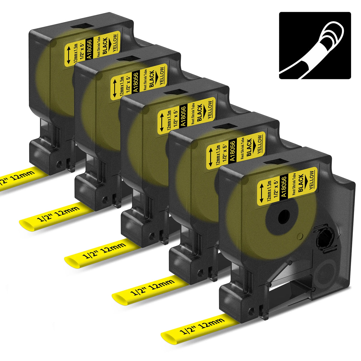 5-Pack 12mm Heat Shrink Tube Tape for Dymo Rhino 18055 Heat Shrink Label Tape Nixie 5Pk Tube Yellow 12mm