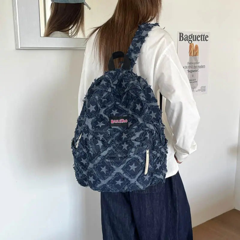 Vintage Star Denim Backpack with Tassel Fringe | Large Capacity