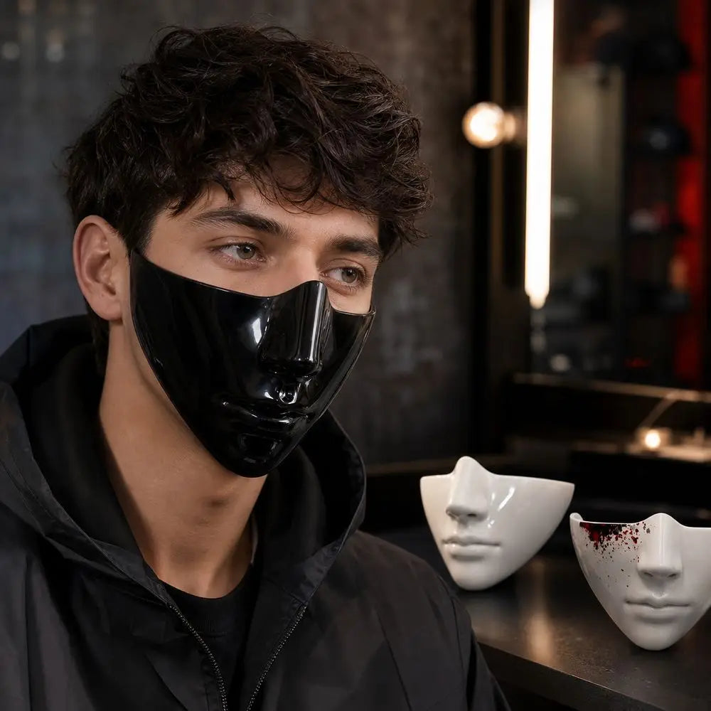 Glossy Black Half Face Mask – PVC Cosplay & Masquerade Costume Face Mask Nixie