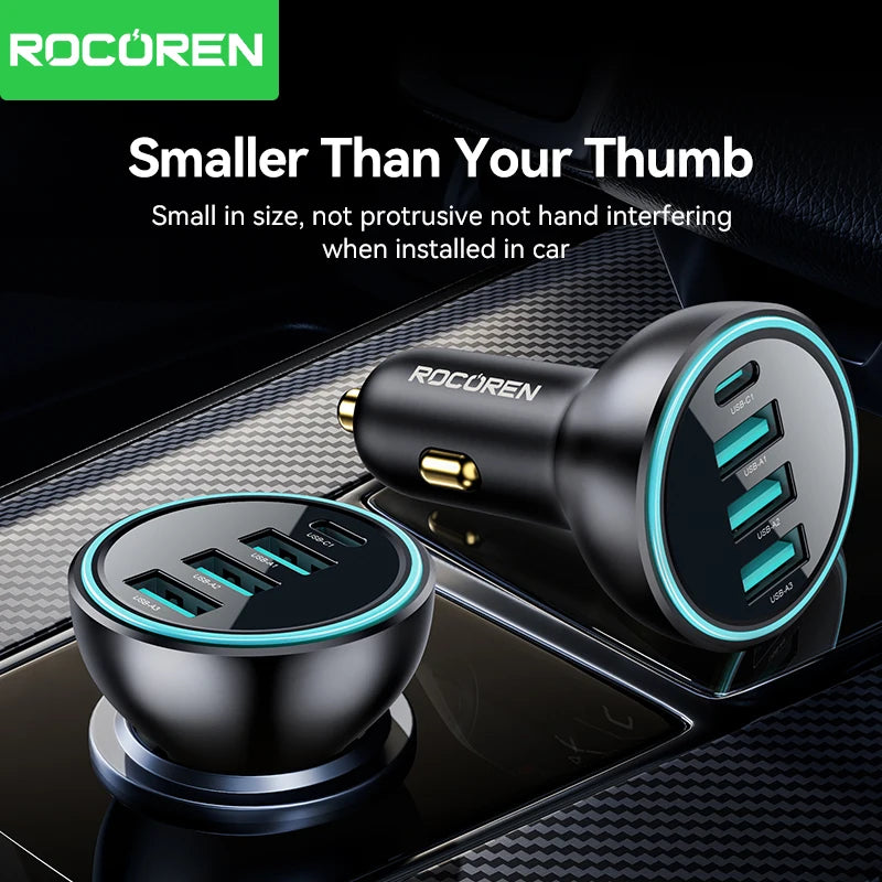 Rocoren 55W 4-Port USB-C Car Charger | QC3.0 Fast Charging Car Charger Nixie