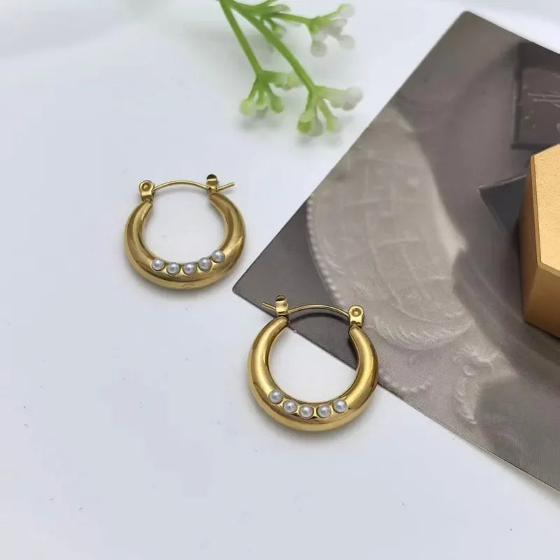 Imitation Pearl Gold Hoop Earrings – Stainless Steel Fashion