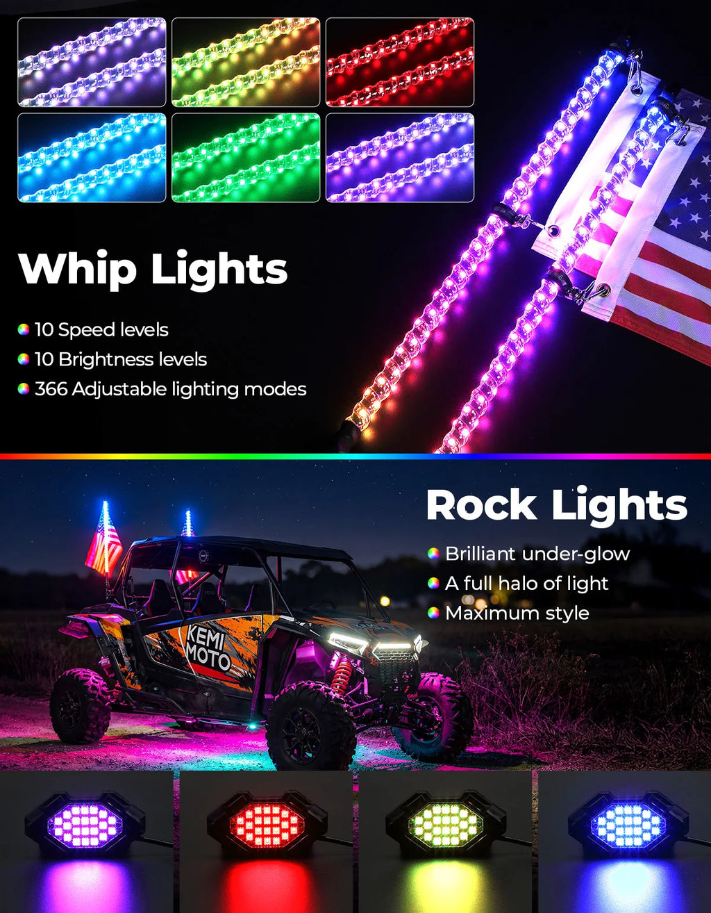 KEMIMOTO UTV ATV LED Whip Light & 4-PC Rock Lights | App & Remote UTV ATV LED Light Kit Nixie