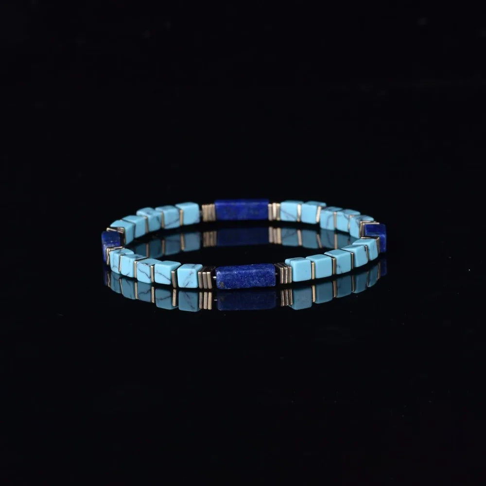 Natural Turquoise & Lapis Lazuli Square Tube Bracelet | Stackable Stone Strand Bracelet Nixie