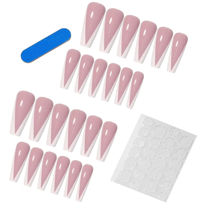 French V-Shape Press On Nails with Rhinestones – 24pcs Ballet