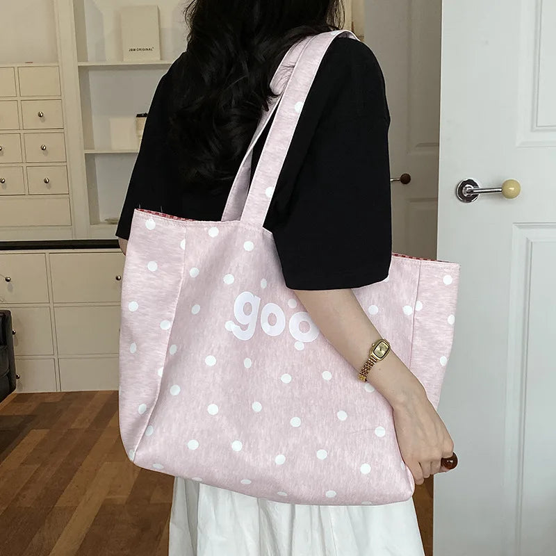 Pink Polka Dot Canvas Tote Bag – Large Capacity Shoulder Bag