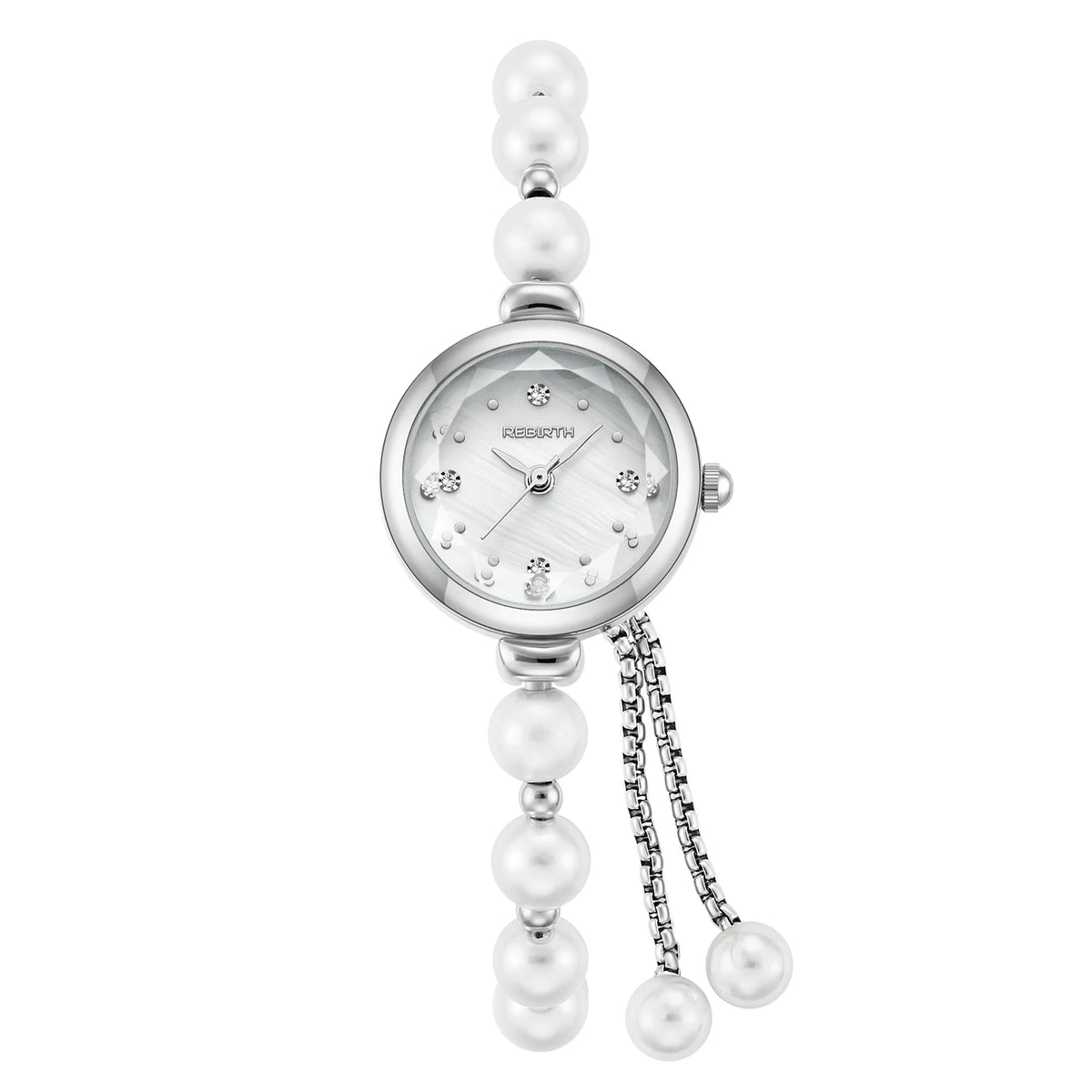 REBIRTH Pearl Bracelet Quartz Watch – Elegant & Compact Pearl Bracelet Watch Nixie Silver