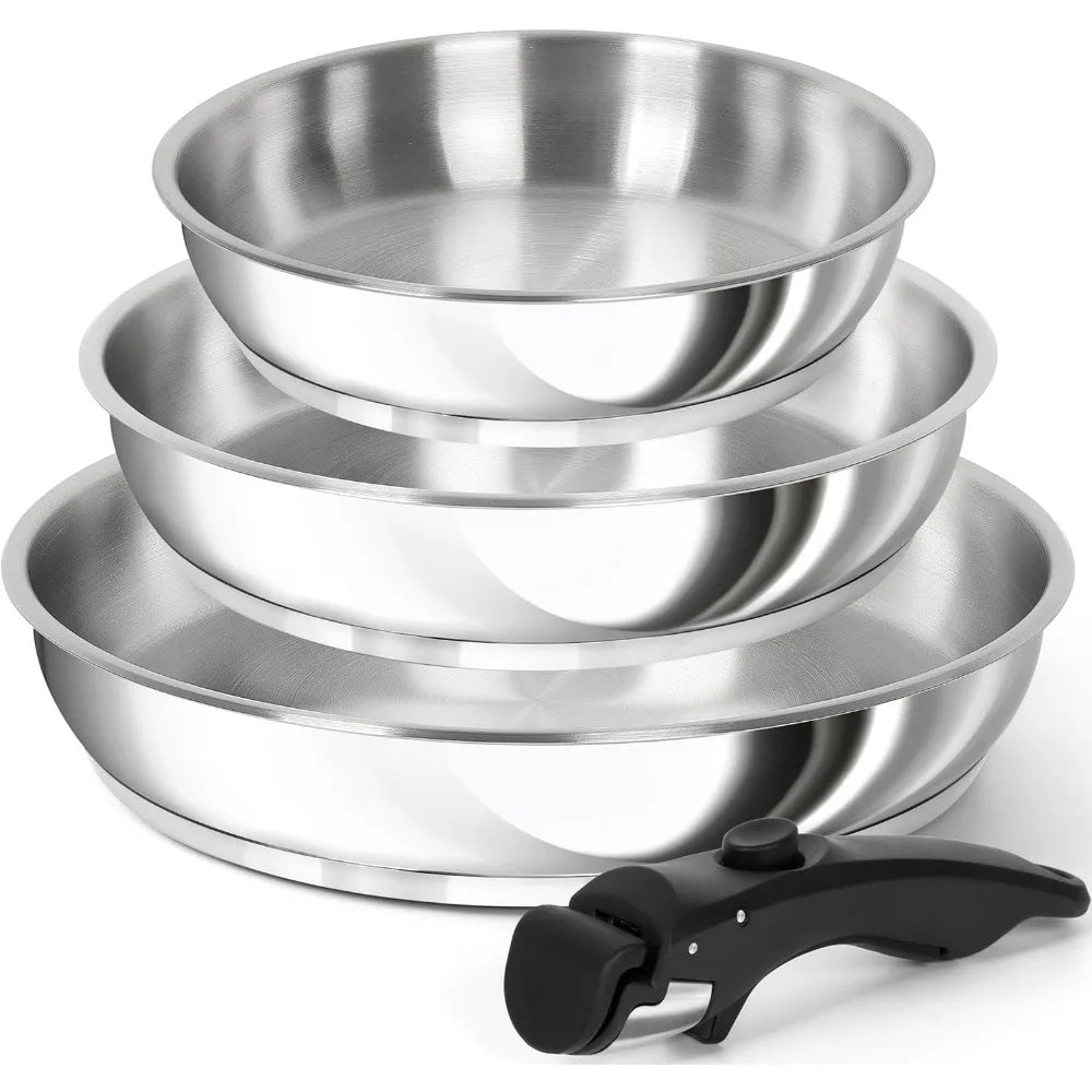 MICHELANGELO 3-Piece Stainless Steel Pan Set, Removable Handle Stainless Steel Pan Set Nixie
