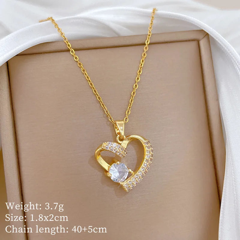 Diamond-Paved Heart Pendant Necklace | Gold & Steel Women Pendant Necklace Nixie XL2606-053