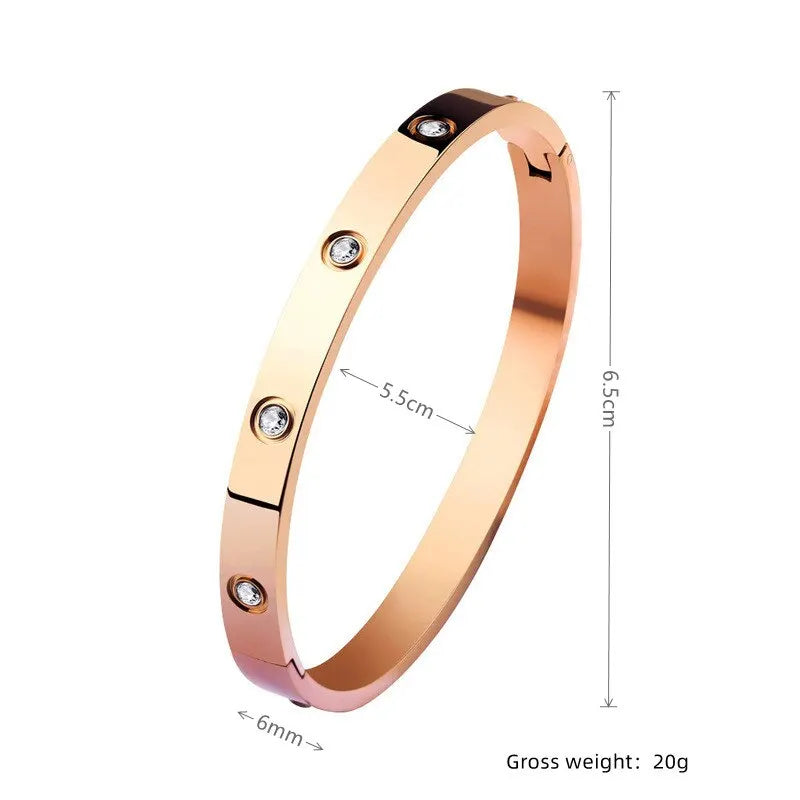 Rose Gold Stainless Steel Bangle Bracelet | Oval Crystal Accents Bangle Bracelet Nixie