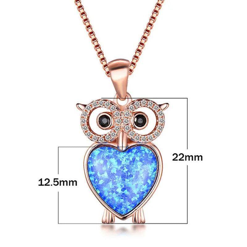 Owl & Crystal Heart Imitation Opal Pendant Necklace Pendant Necklace Nixie Black Zinc Plated