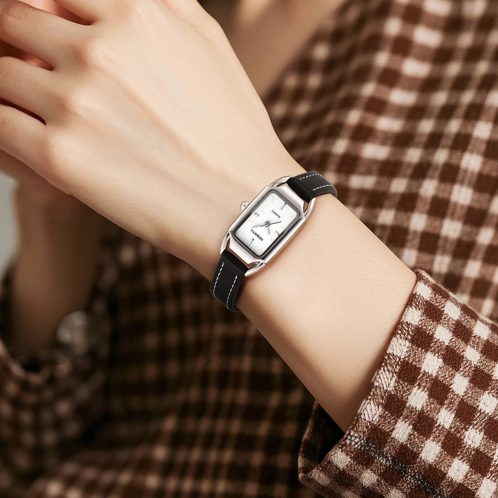 REBIRTH Women's Retro Leather Strap Quartz Watch | Rectangle Dial