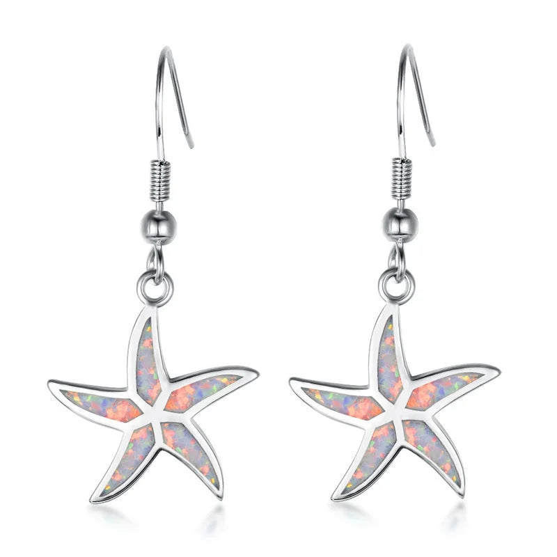 Blue Opal Starfish Stud Earrings | Rhinestone Fashion Jewelry Stud Earrings Nixie White