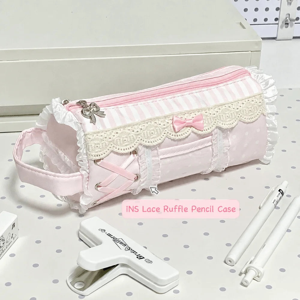 Kawaii Lace Ruffle Pencil Case – Large Capacity Student Pouch Pencil Case Pouch Nixie Pink