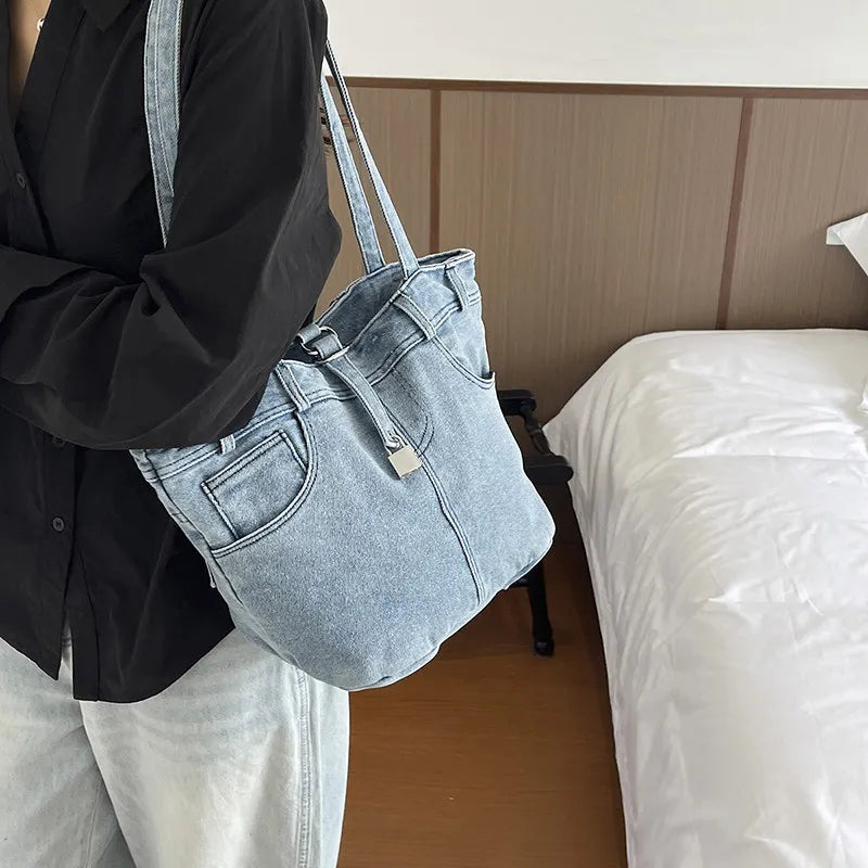Nixie Women's Large Denim Bucket Shoulder Bag | K-Style