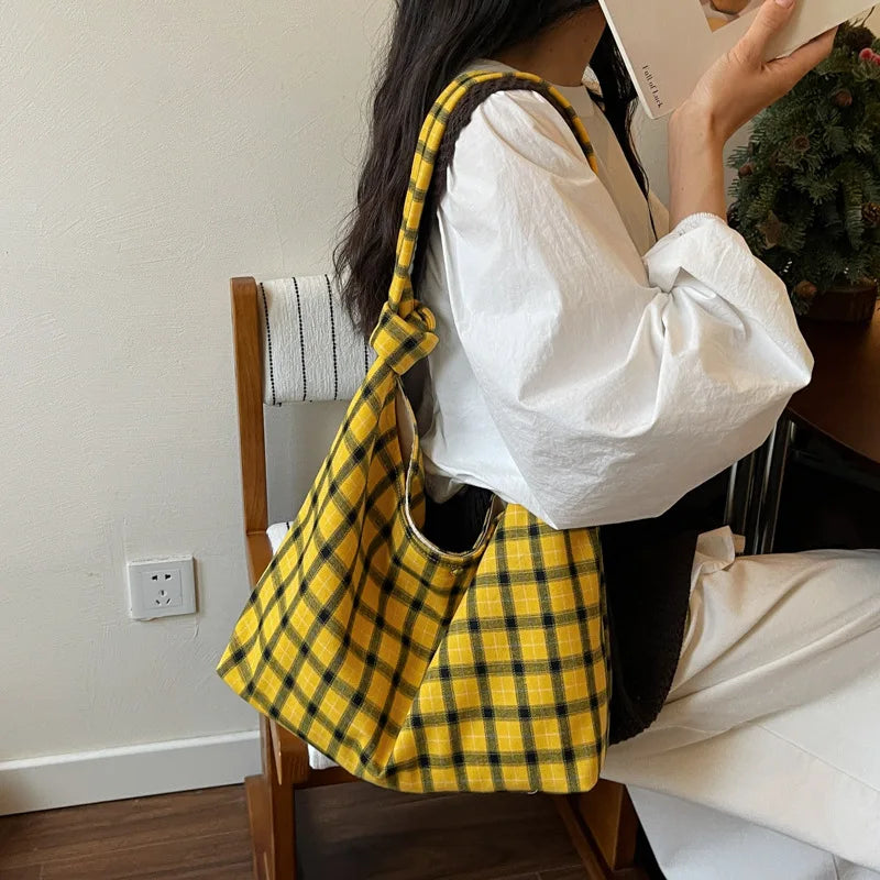 Korean Plaid Canvas Tote Bag – Large Shoulder Crossbody Bag Canvas Tote Bag Nixie