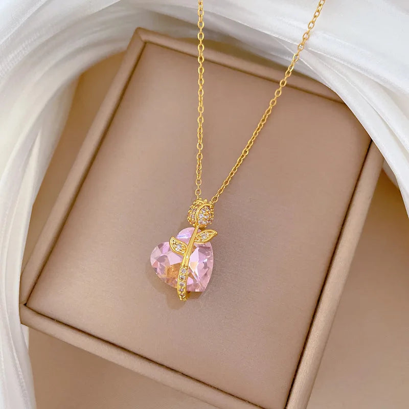 Pink Heart Rose Pendant Necklace – Sparkling Zircon Choker Pendant Necklace Nixie