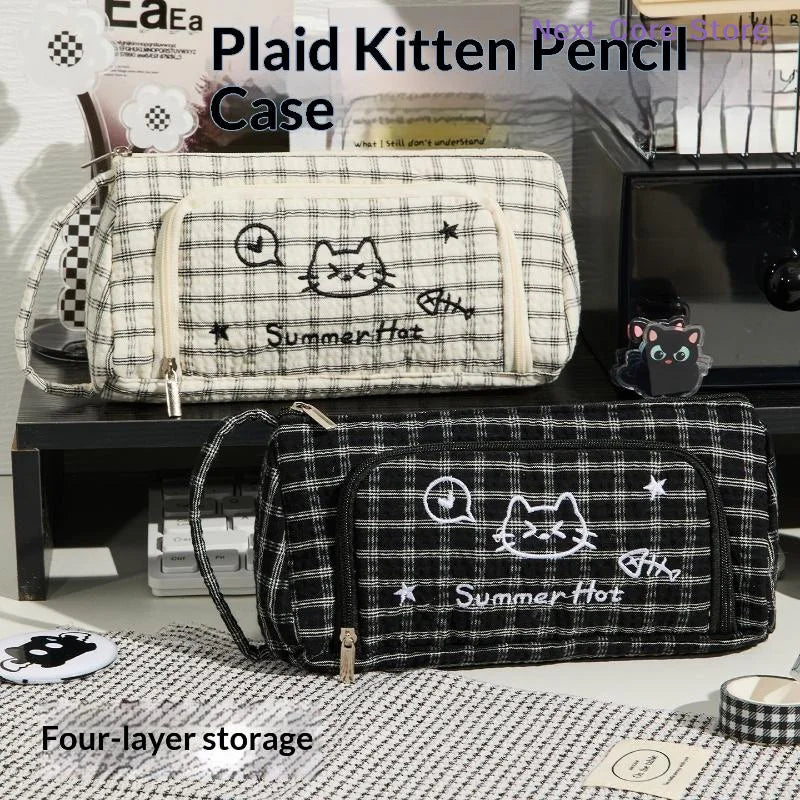 Cute Cat Embroidery Pencil Case Large Capacity Stationery Bag Embroidery Pencil Case Nixie