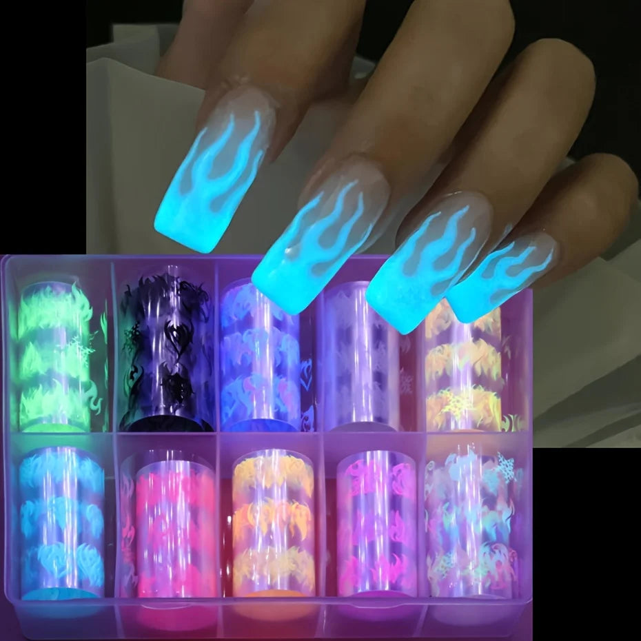 10 Rolls Neon Flame Nail Foil Transfer Stickers – Halloween Manicure Nail Foil Stickers Nixie